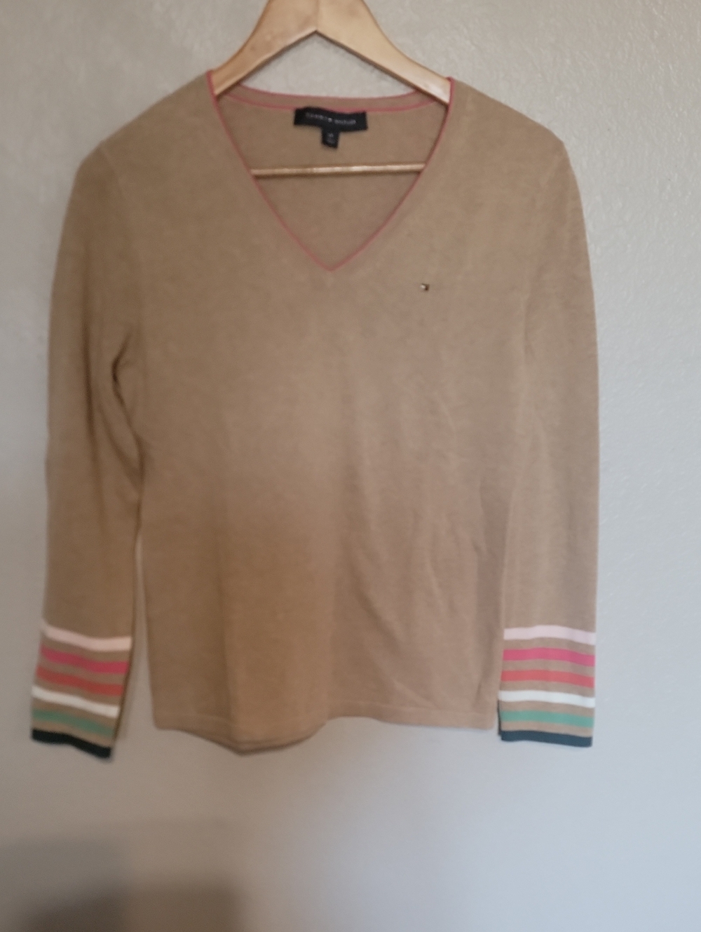 Tommy Hilfiger Beige V-Neck Sweater with Stripe Cuffs